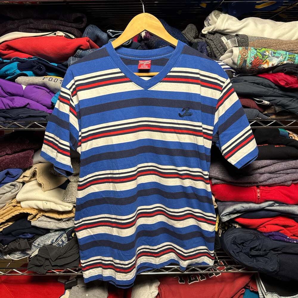 Vintage Jinzu Striped V-Neck T-Shirt Blue Red White Size L